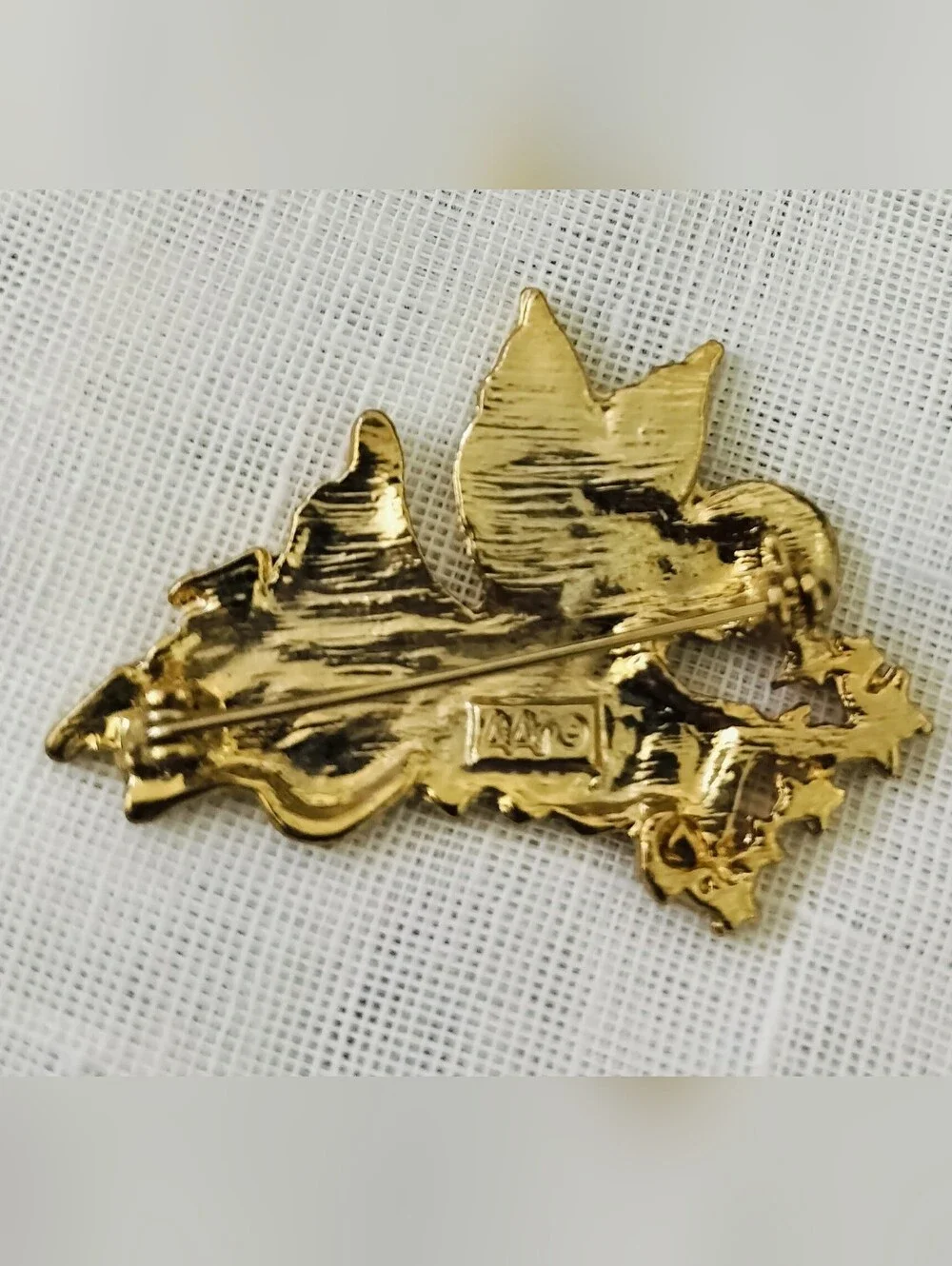 Vintage 1990s AAI Signed Angel Brooch Gold Tone Pearlescent Enamel Pin